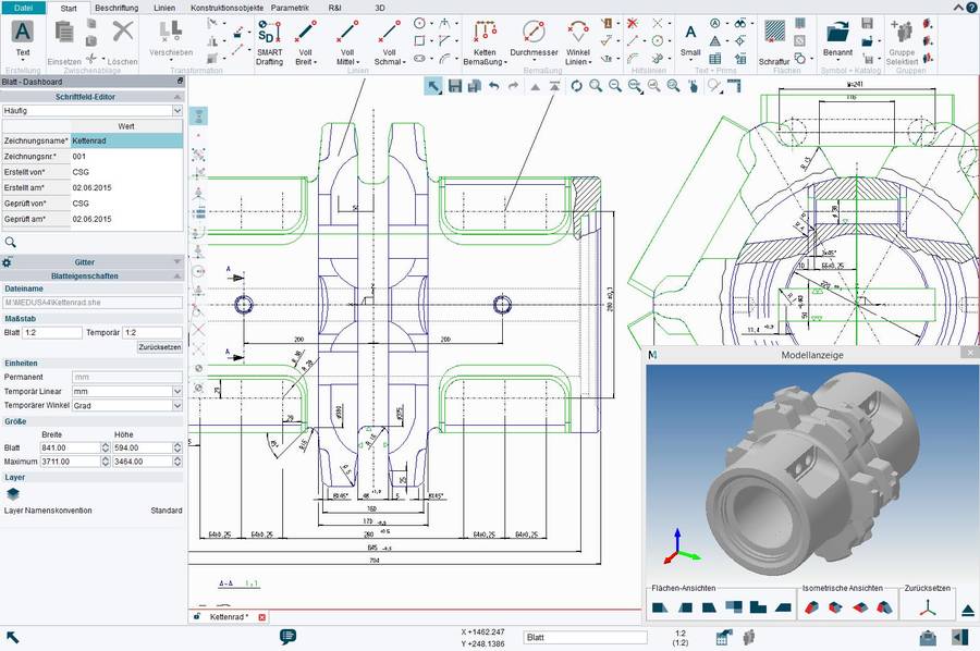 MEDUSA4 besitzt einen vollen 2D CAD Funktionsumfang mit der Möglichkeit 3D-Modelle aus 2D-Zeichnungen abzuleiten.